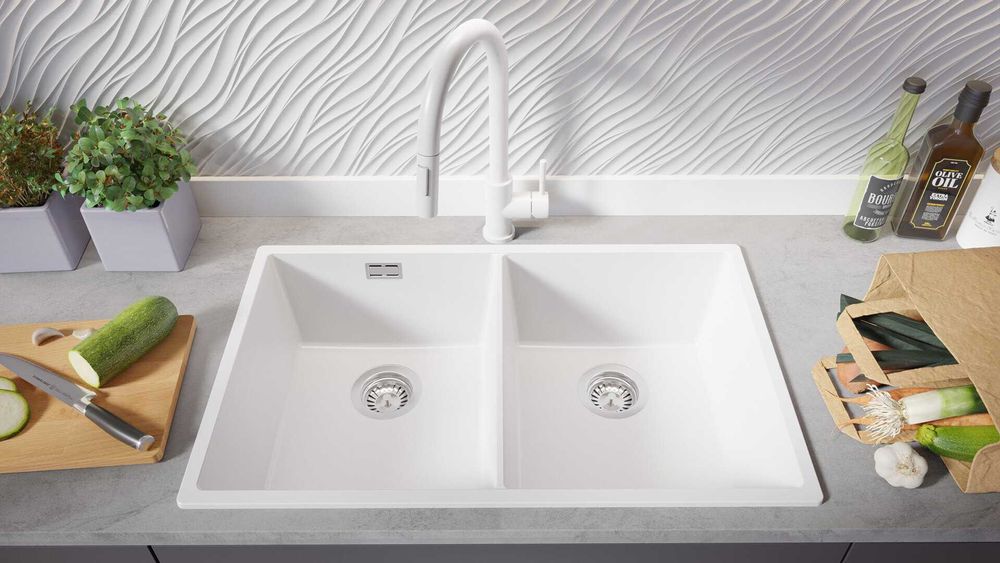 Бял гранитна мивка с две корита за вграЛондон 80 Twin 760 x 470 мм