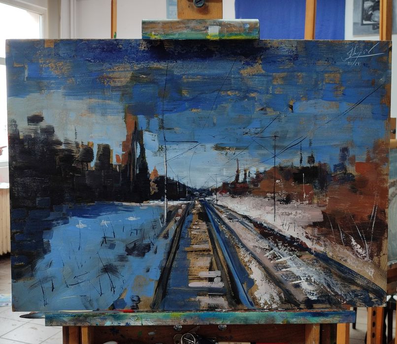 Tabloul peisaj cale ferată in ulei pe mucava 50x70 ,tehnica mixtă