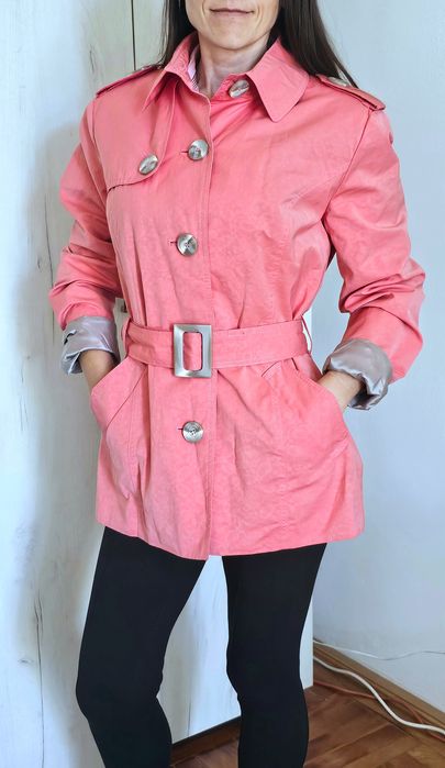Pietro Filipi M,L pardesiu trenci damă roz, elegant modern, cordon talie, jachetă primăvară, nou