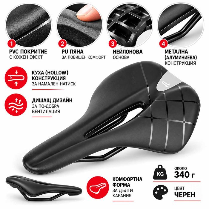 Седалка за велосипед PROMEND SD-569, Анатомична, Вентилирана, 27×16 см, Черна