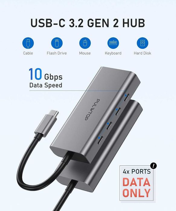 PULWTOP 4 порта 10G USB C ХЪБ за Mac,iMac,iPad и USB C лаптоп