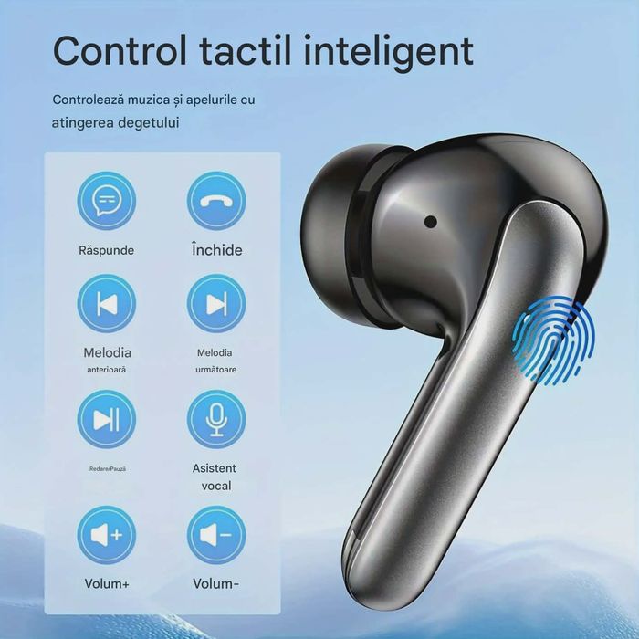 Casti Wireless TWS CerCip S42 cu izolare a zgomotului ENC+ANC, Autonomie 40 ore, Control prin Touch, Universale, Culoare Alb