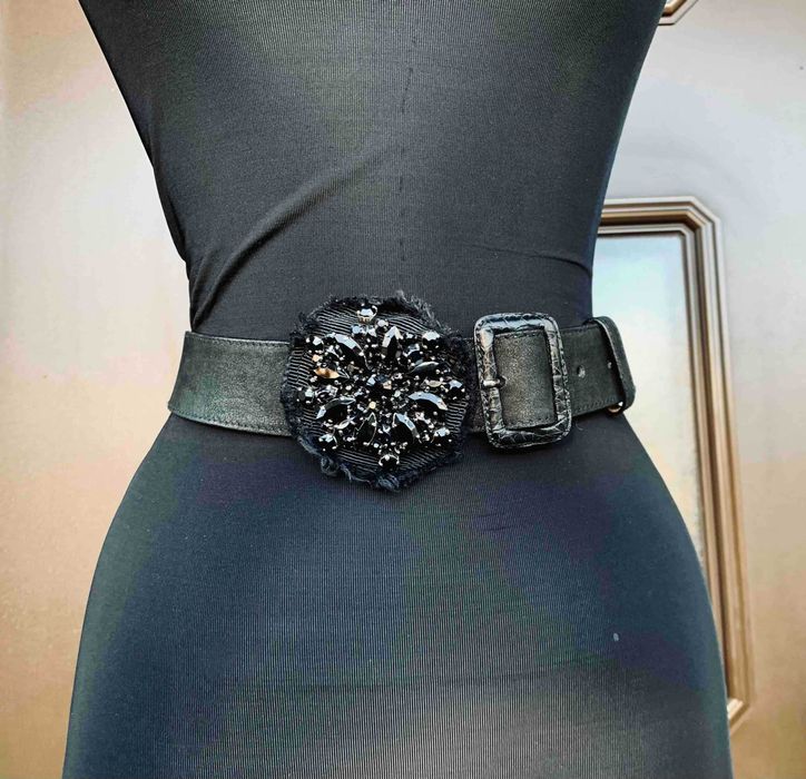 Auth PRADA Centura Curea Neagra Piele Floare Cristale Swarovski ITALIA