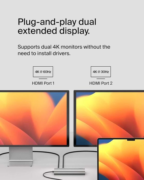 Belkin USB-C 8 в 1 хъб,2 USB-C, 2 USB-A, 2 HDMI, Ethernet и 100 W порт