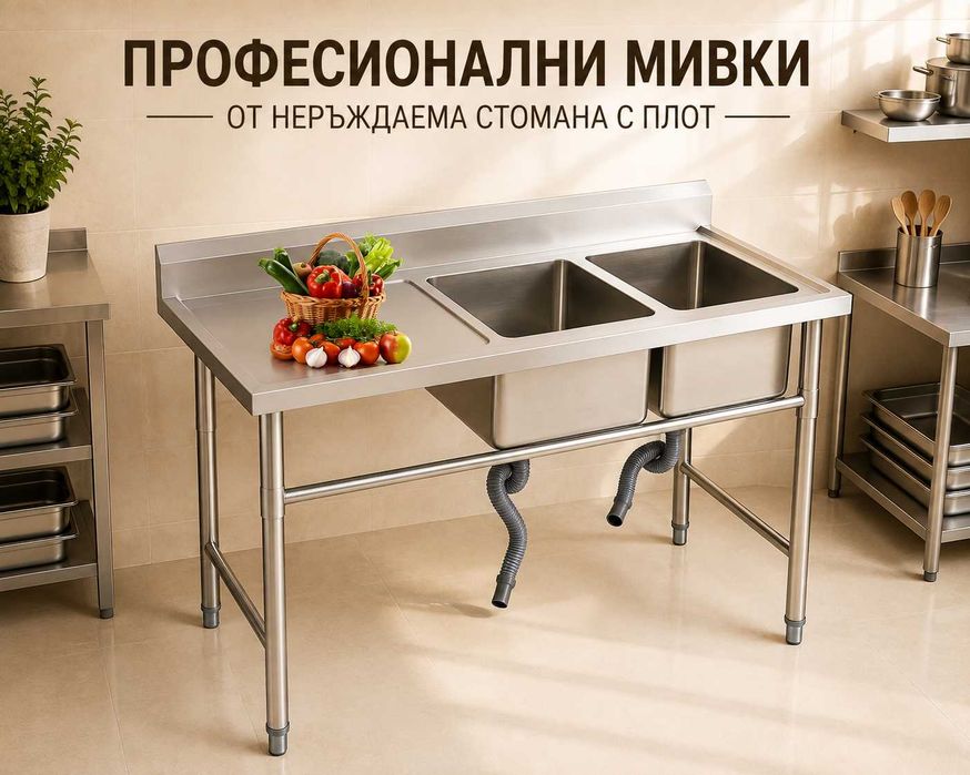 Мивка професионална от неръждаема стомана с плот – различни размери