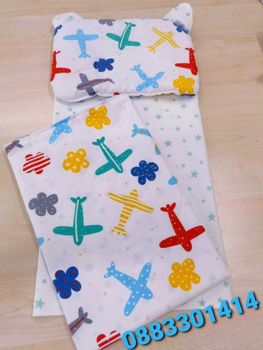 Комплект за количка бебешки с възглавница, одеяло и чаршаф