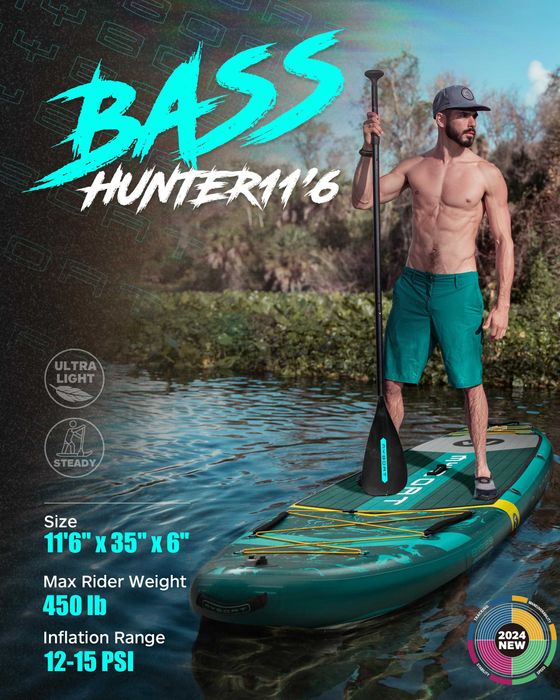 Нов, висок клас, широк 350 СМ надуваем падъл борд all-round SUP MYBOAT MY15 (Bass Hunter Green STD) в тюркоазено-зелен дизайн.