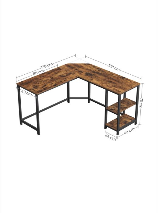 Birou de colt, VASAGLE, 2 rafturi aspect lemn, cadru metalic, 138 x 138 x 75 cm, Maro Inchis, LWD72X, nou
