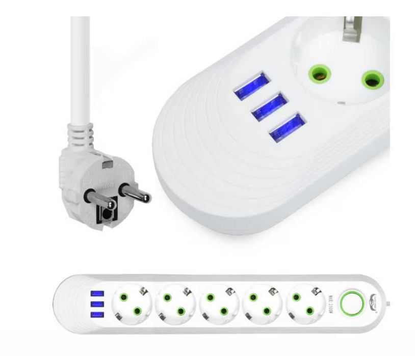 Prelungitor cu 5 Prize Schuko si 3 Porturi USB