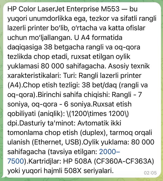 Hp ColorLaser M 553 Rangli Skarasnoy Printer Kam ishlagan