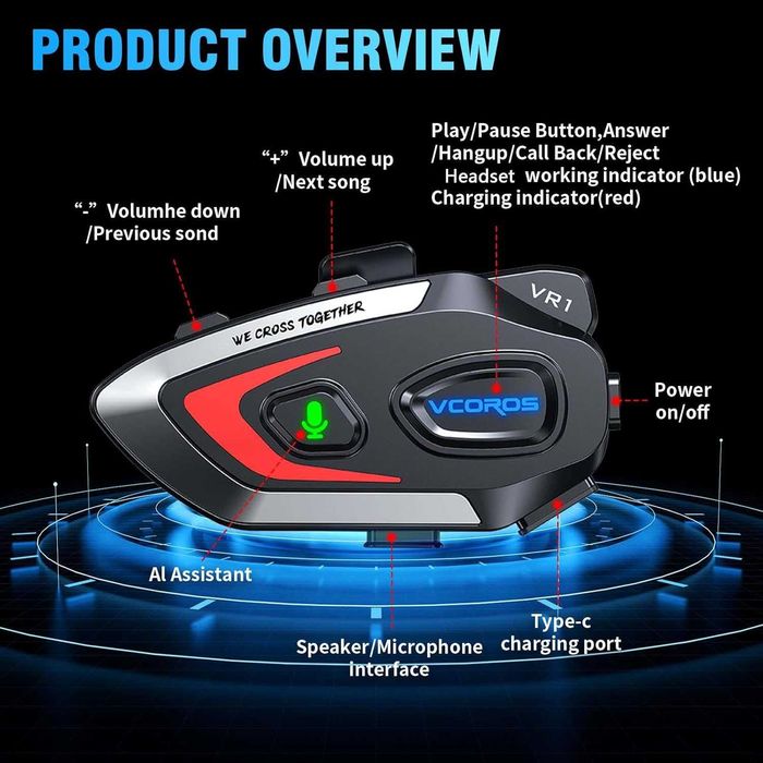 Нов интерком за каска  VCOROS VR1 - 25ч. Батерия Bluetooth слушалки ...