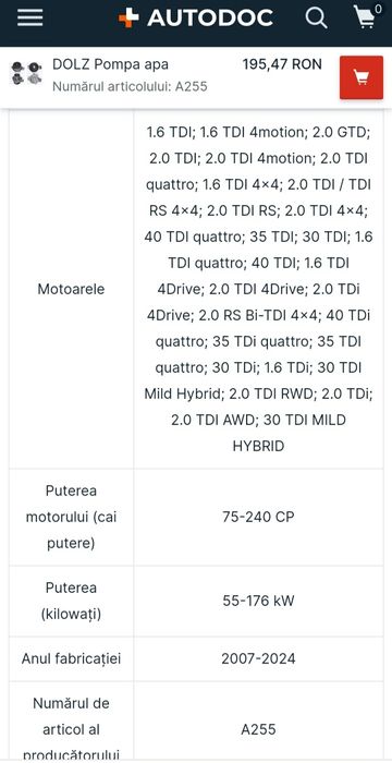 Pompa de apa compatibila cu Audi, Man, Seat, skoda, vw, audi