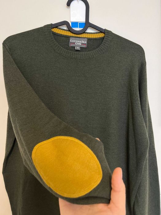 Cotton & Silk тъмно зелен италиански мъжки пуловер с жълти акценти