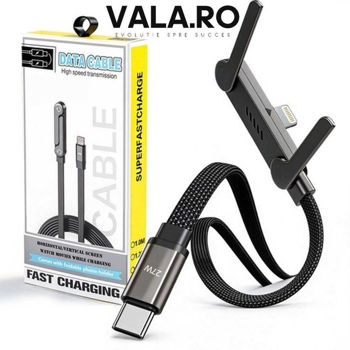 Cablu Date si Incarcare VALA USB-C la Lightning 27W cu Suport Telefon Reglabil - Negru