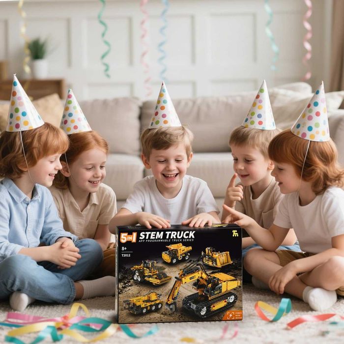Комплект 5 в 1 STEM строителни играчки, багер, кран, камион, булдозер
