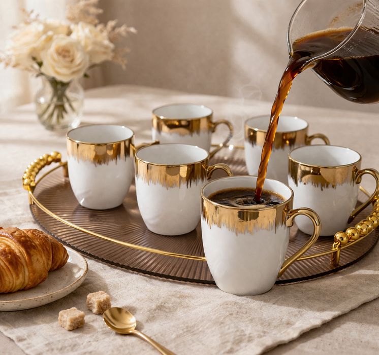 Set cani cafea 6 bucati, ceramica alb cu auriu, design elegant, finisaj lucios, ideale pentru espresso, cafea si cadou