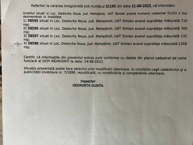 Vand teren intravilan suparfata 1558 m2, pret 15 euor metrul