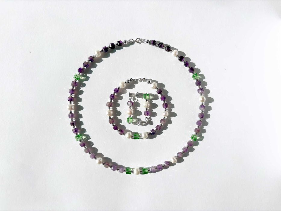 Сребърна гривна от естествени мъниста камъни и перли - ахат аметист
