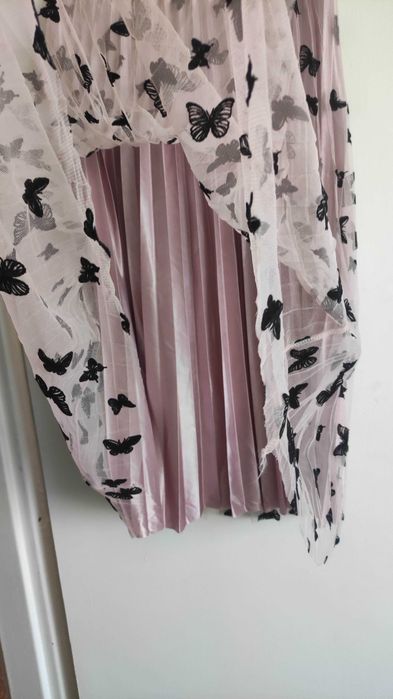Лятна / преходна розова пола с тюл и черни пеперудки + подплата