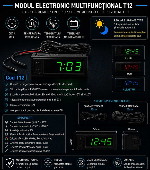 Modul Electronic Digital 4 în 1 – Voltmetru + Termometru + Ceas – Afișează Tensiunea Acumulatorului, Temperatura Interioară și Exterioară, Ora – T12