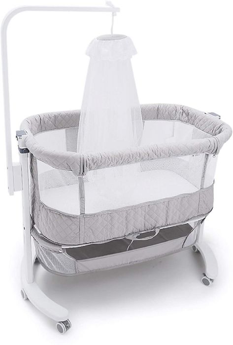 Patut Co-Sleeping cu doua nivele spatiu de depozitare si Baldachin Gri