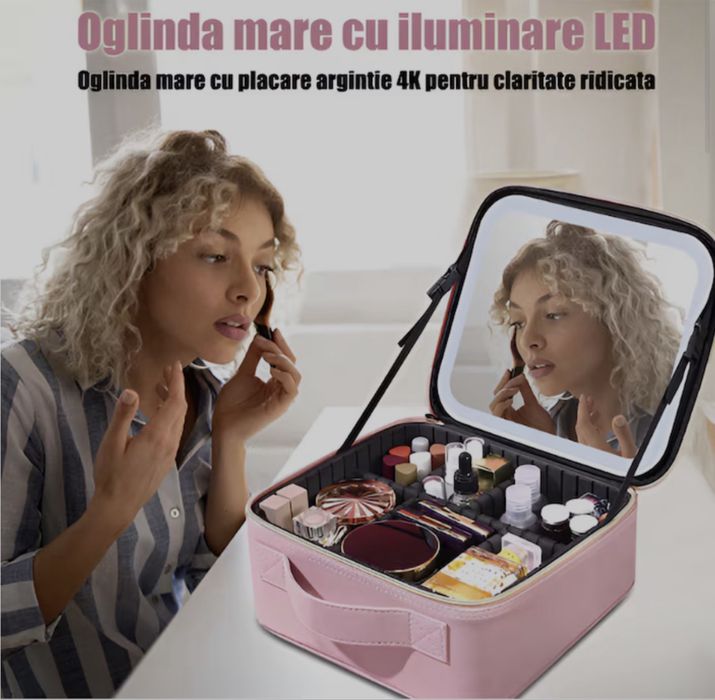 Geanta Machiaj Roz QUANTIM cu Oglinda Led 4K detasabila,Iluminare 3 Trepte, Compartimente Reglabile, Organizator Cosmetice Travel,Buzunar Pensule
