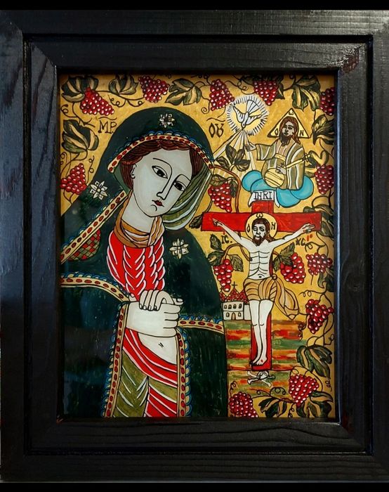 Icoană pictată pe sticlă ,, Maica Domnului Indurerată"