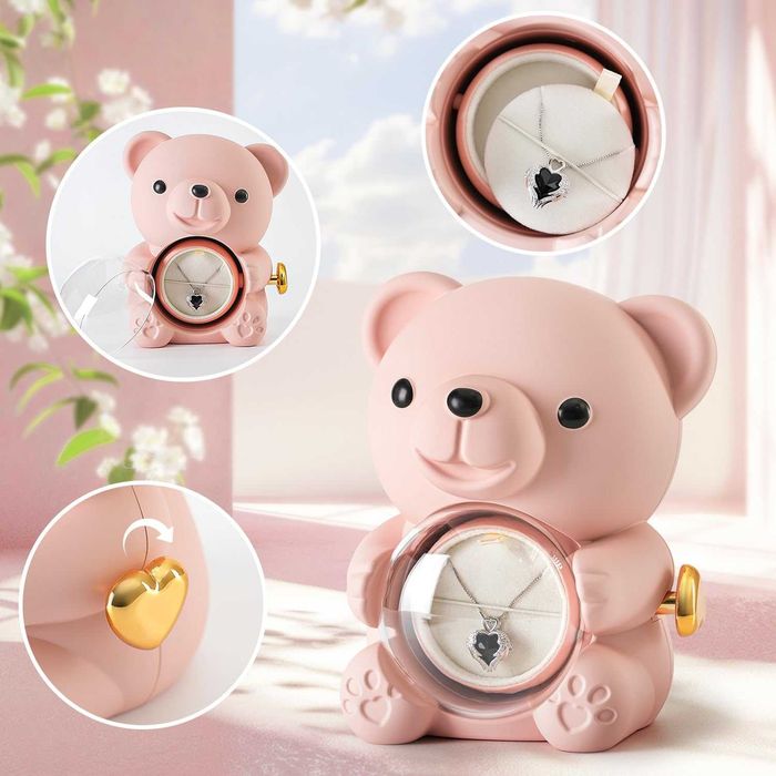 Подаръчна кутия мече с вечна роза сребърно колие сърце картичка 6 вида