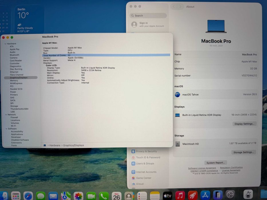 MacBook Pro 16" M1 MAX 10-CPU, 32-GPU, 32GB RAM, 2TB SSD
