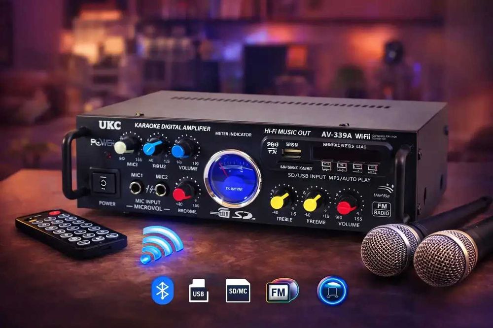 Усилвател UKC AV-339B с Bluetooth и караоке, FM, SD, USB, BLT, 2x120W