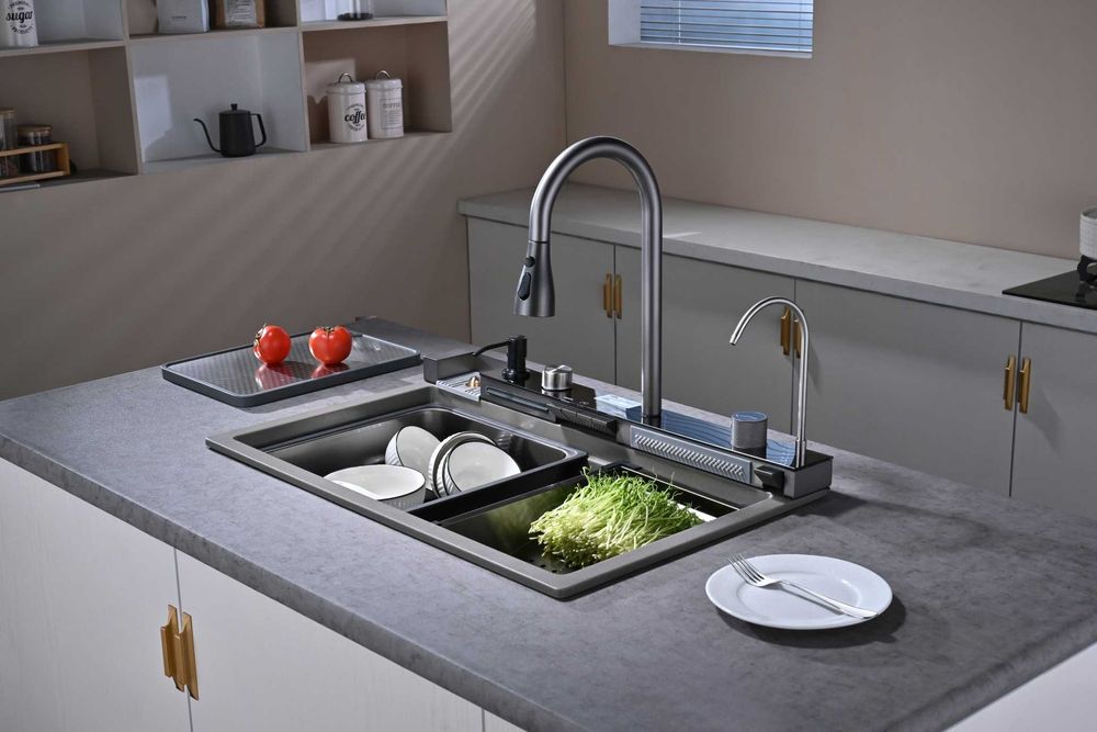 Сива гранитна мултифункционална кухненска мивка с двоен водопад