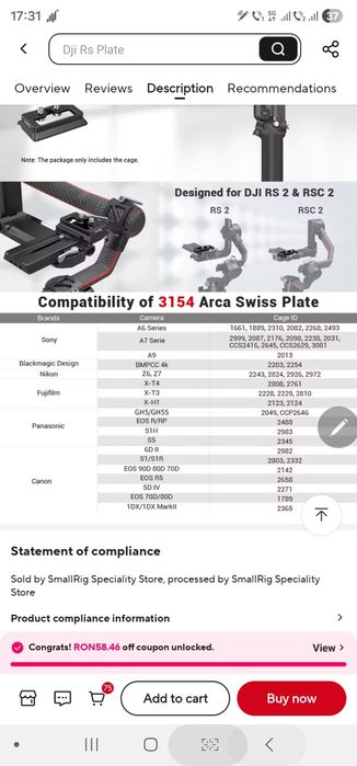 SmallRig Arca Swiss Quick Release Plate 3154 pentru DJI RS2 RS3 RS4 Pr