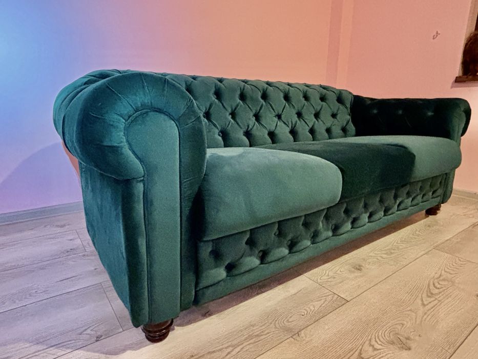 Canapea Chesterfield 3 Locuri – Verde Smarald, Catifea Elegantă (Stare Foarte Bună)