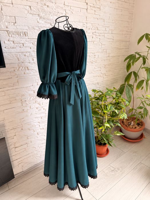 Rochie elegantă vintage verde petrol & negru – mărimea 42