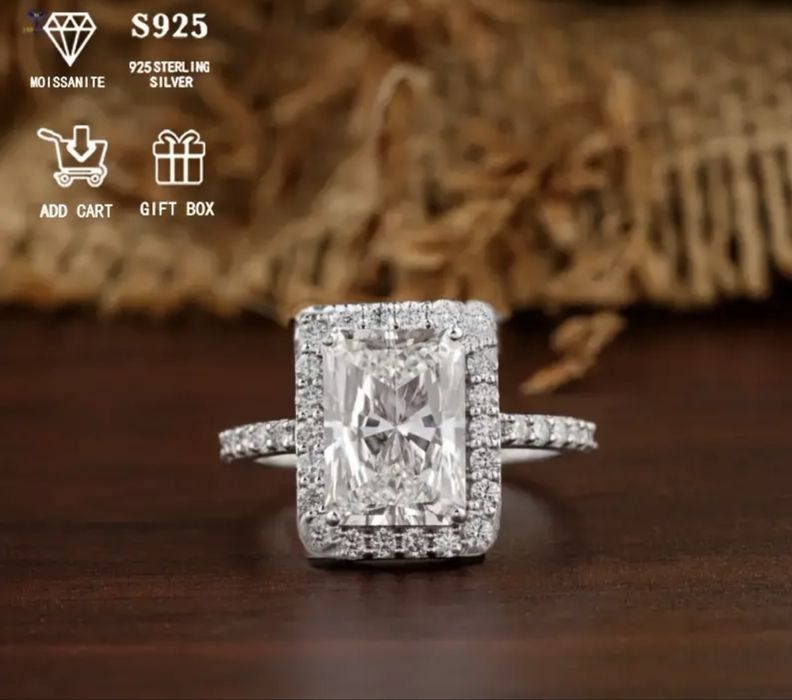 Сребро S925 Сребърен пръстен с камък Мойсанит 2ct Диамант с Сертификат