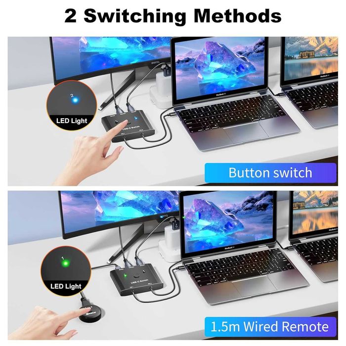 Switch USB-C 2 in 1 YOUTINGHDAV Switcher 2 Laptopuri 1 Monitor 4K 120Hz Video Alt DP Transfer 10Gbps Incarcare 100W PD Telecomanda Fir Produs Nou