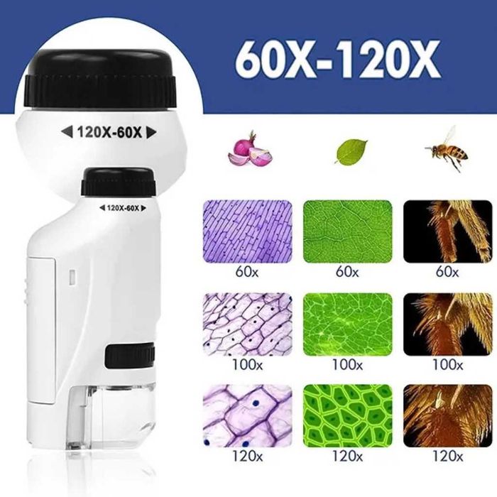 Детски преносим микроскоп с LED светлина, 60x-120x увеличение и стойка