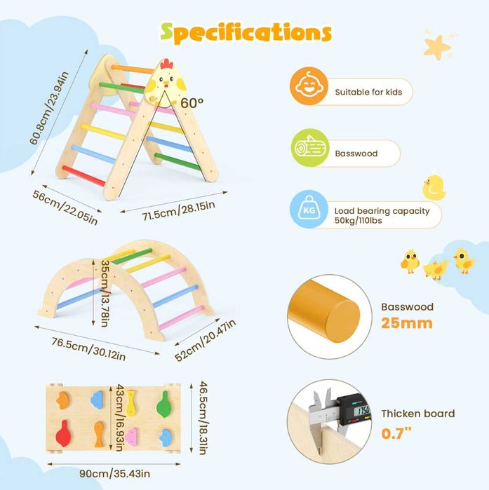 Монтесори комплект за катерене 7в1 - Триъгълник на Пиклер, арка, рампа