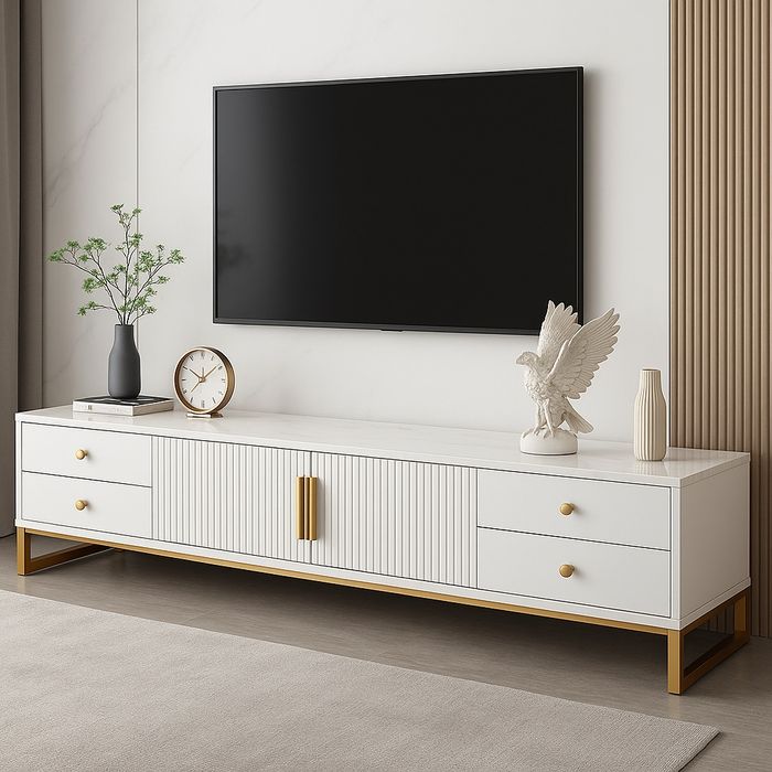 Тумба под ТВ 180×30×40 см — Белый мраморная текстура и золотая фурниту
