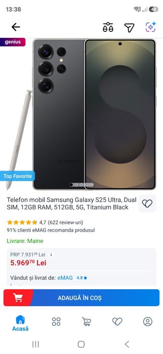 Telefon mobil Samsung Galaxy S25 Ultra, Dual SIM, 12GB RAM, 512GB, 5G, Titanium Black