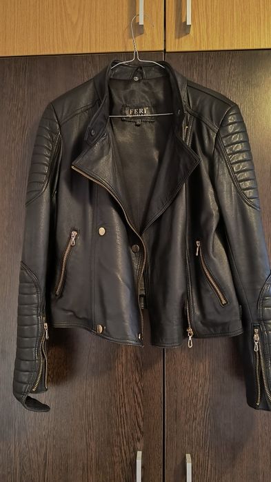 Geaca piele cu guler vulpe detasabil