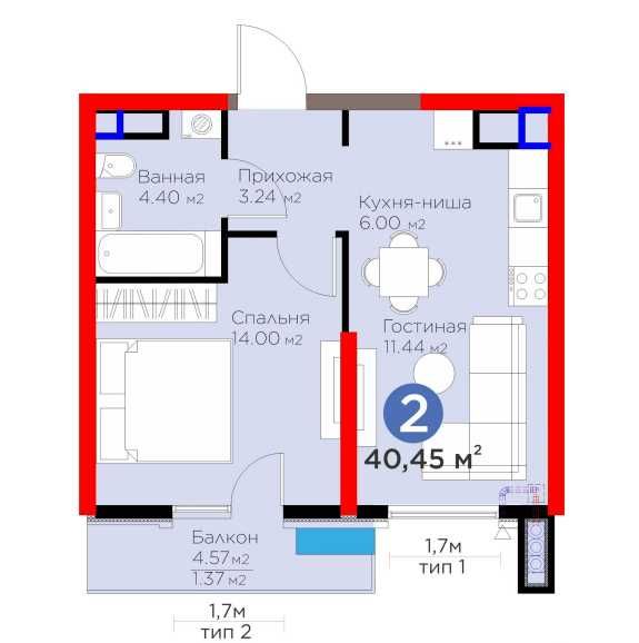 Zamonaviy qulaylik darajasidagi TJM 40,45 m² 2 xonali kvartira (BY)