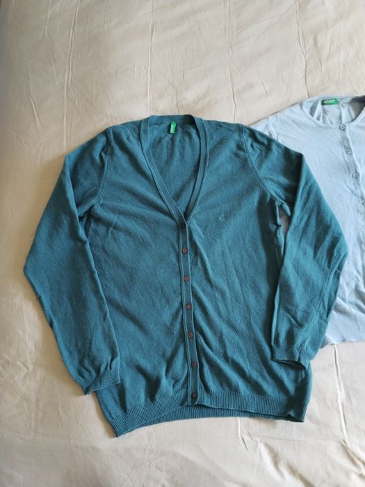 Benetton свитер кардиган платье из шерсти шерстяное L зелёный голубой