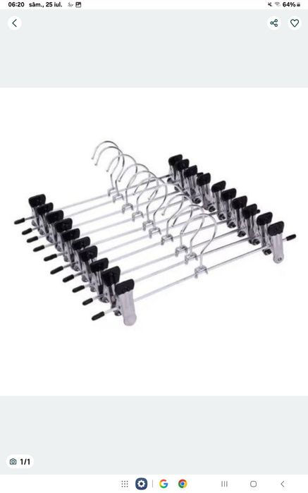 Set 10 umerașe ( 40 cm  saub29,5cm) cu cleme, pentru fuste și pantaloni, Inox/Silicon, Argintiu, Perfecte ca la carte
