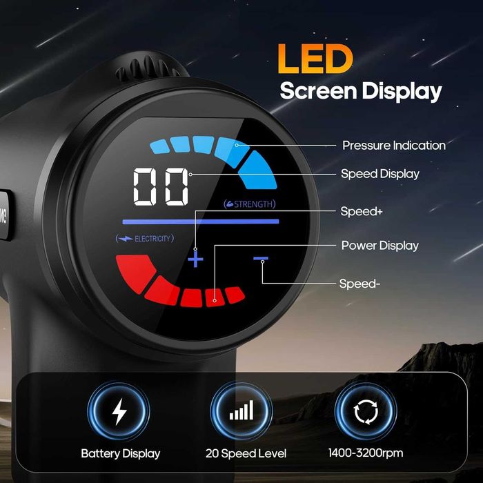 Масажен пистолет с подгряваща глава,накрайници,20 скорости,LCD дисплей