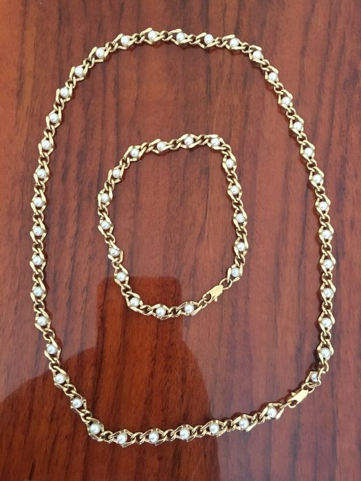 Set perle bratara+lantisor (suflate cu aur 14k)