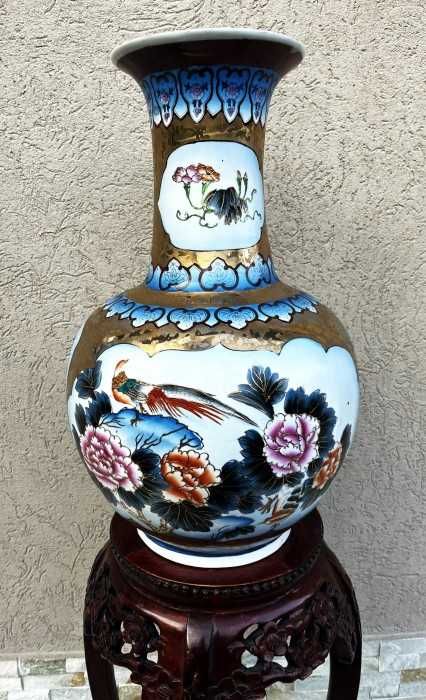 Impozanta vaza japoneza-portelan fin-stil Imari-pasari-flori-email-aur-cromatica luxurianta-Olanda