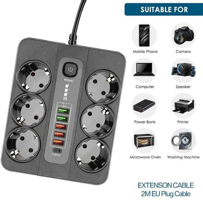 Разклонител за контакт 220V ,6 гнезда, 5 USB, Type C Digital , със защита, 3USB