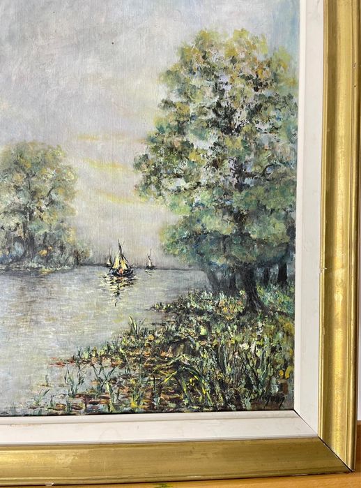 Tablou Original, Peisaj Fluvial cu Vele, Semnat, Ulei pe Pânză