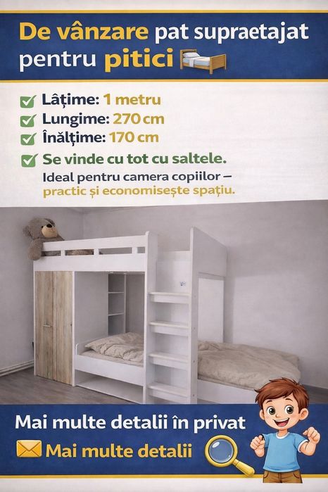 Pat supraetajat alb, cu înălțimea de 180 cm, lățimea de 100 cm și lungimea de 280 cm. Poate fi utilizat pentru a crea un spațiu de dormit eficient înt